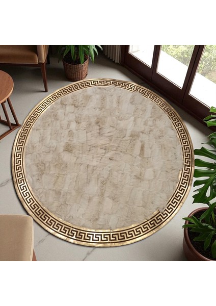 Altın Bordürlü Yuvarlak Beyaz Toskana Kürkü Halı - Şık ve Lüks Salon Halısı