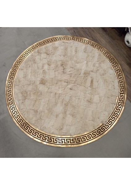 Altın Bordürlü Yuvarlak Beyaz Toskana Kürkü Halı - Şık ve Lüks Salon Halısı fiyatları