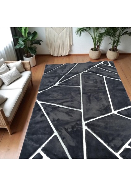 Gümüş Detaylı Siyah Peluş Halı - Şık Oturma Odası Halısı fırsatları