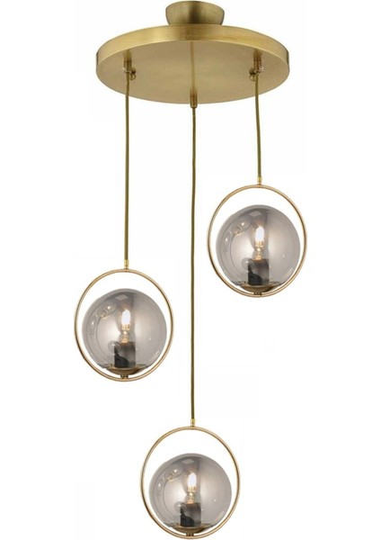 Şık Füme Glop Camlı Daire Üçlü Gold Sarkıt Avize, Modern Tasarım ve Zarafet Sağlar.