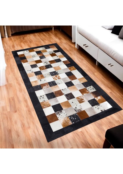 Kahverengi Tonları Dana Derisi Patchwork Halı – El Dokuma Hakiki Deri Lüks Koridor Halısı fırsatları