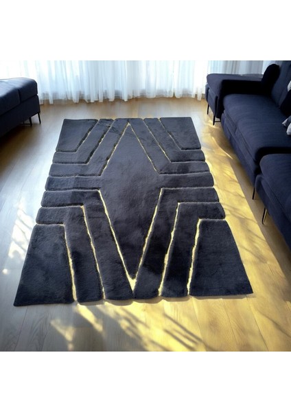 Altın Detaylı Şık Siyah Peluş Halı - Şık Oturma Odası Halısı