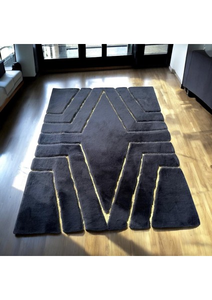 Altın Detaylı Şık Siyah Peluş Halı - Şık Oturma Odası Halısı fiyatları