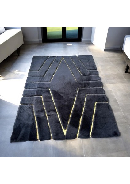 Altın Detaylı Şık Siyah Peluş Halı - Şık Oturma Odası Halısı modelleri