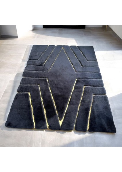 Altın Detaylı Şık Siyah Peluş Halı - Şık Oturma Odası Halısı indirimleri