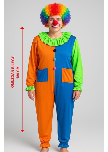 Palyaço Kostüm Seti 150 cm (Peruk + Burun + Kostüm)