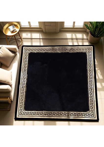 Modern Desenli Peluş Halı - Siyah Salon Halısı