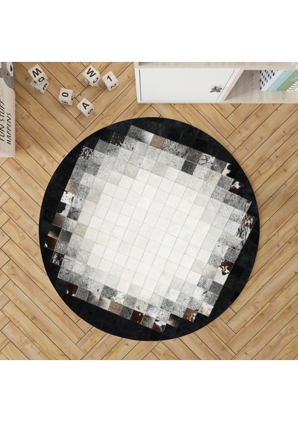Siyah Gri Beyaz Yuvarlak Dana Derisi Halı - Kaymaz Geniş Alan Halısı