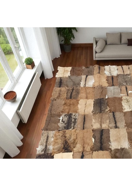Açık Kahverengi El Yapımı Oğlak Derisi Patchwork Halı, Modern Ev Dekorasyın Halısı indirimleri