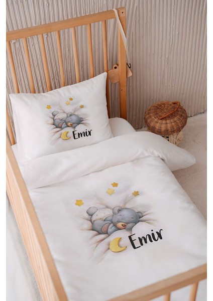 %100 Pamuk Saten Bebek Yatak Nevresim Takımı 100X150, Ayıcık Desenli, Beyaz