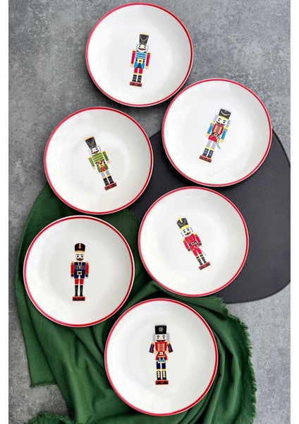 6'lı Kırmızı Porselen Pasta Tabağı Takımı, 21 Cm, Kurşun Asker Tasarımı