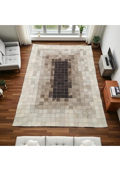 Açık Kahverengi Dana Derisi Patchwork Halı, El Dokuma Dekoratif Salon Halısı, Modern ve Şık Halı