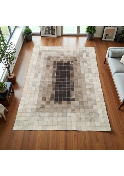 Açık Kahverengi Dana Derisi Patchwork Halı, El Dokuma Dekoratif Salon Halısı, Modern ve Şık Halı modelleri