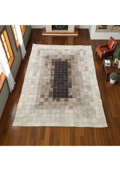 Açık Kahverengi Dana Derisi Patchwork Halı, El Dokuma Dekoratif Salon Halısı, Modern ve Şık Halı fırsatları