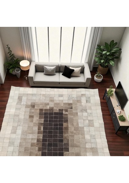 Açık Kahverengi Dana Derisi Patchwork Halı, El Dokuma Dekoratif Salon Halısı, Modern ve Şık Halı indirimleri