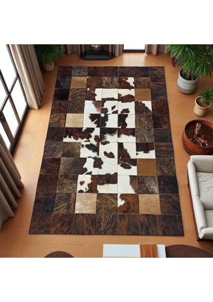 El Yapımı Patchwork Halı – Kahverengi Siyah Beyaz Renkli Doğal Dana Derisi Halı
