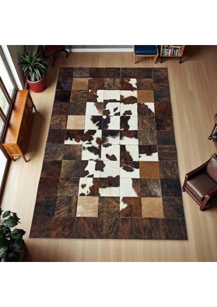 El Yapımı Patchwork Halı – Kahverengi Siyah Beyaz Renkli Doğal Dana Derisi Halı modelleri