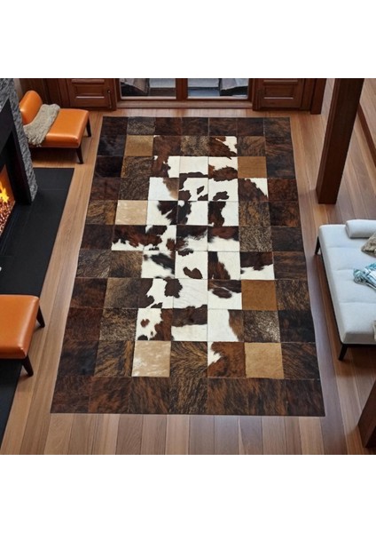 El Yapımı Patchwork Halı – Kahverengi Siyah Beyaz Renkli Doğal Dana Derisi Halı fırsatları