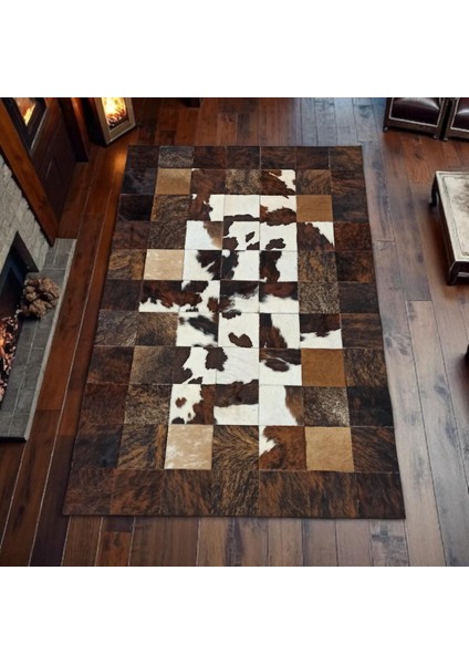 El Yapımı Patchwork Halı – Kahverengi Siyah Beyaz Renkli Doğal Dana Derisi Halı indirimleri