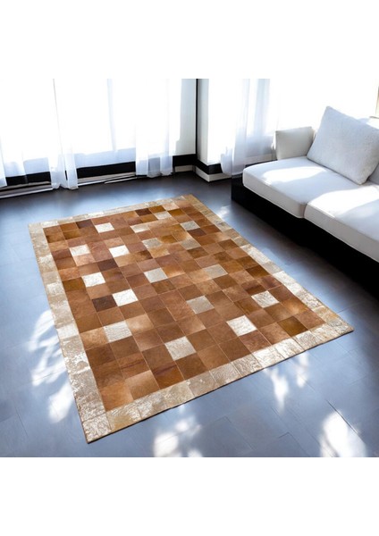Kahverengi Doğal Dana Derisi Patchwork Halı – El Yapımı Hakiki Deri Lüks Ev Dekorasyon Halısı