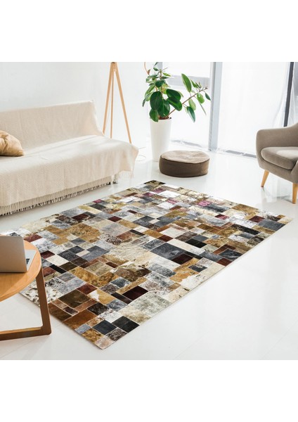Altın Detaylı Kahverengi Dana Derisi Patchwork Halı – El Yapımı Hakiki Deri Lüks Giriş Halısı