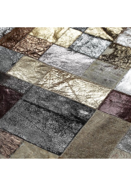 Altın Detaylı Kahverengi Dana Derisi Patchwork Halı – El Yapımı Hakiki Deri Lüks Giriş Halısı modelleri