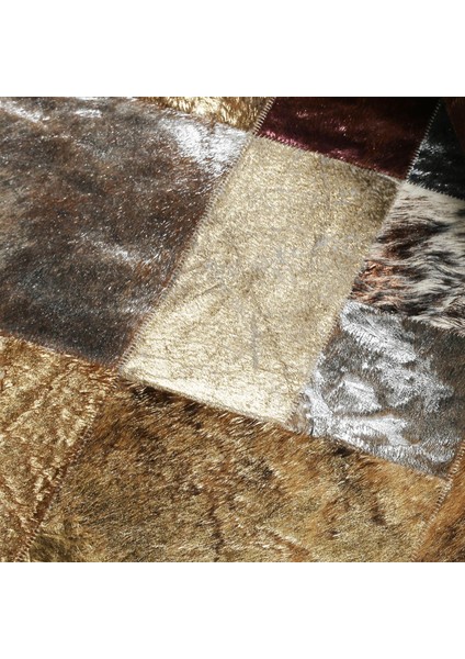 Altın Detaylı Kahverengi Dana Derisi Patchwork Halı – El Yapımı Hakiki Deri Lüks Giriş Halısı fırsatları
