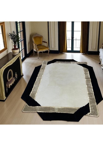 Siyah Şeritli Beyaz Peluş Halı - Yumuşak Salon Halısı fiyatları