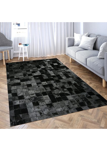 Siyah Doğal Dana Derisi Patchwork Halı – El Dokuma Hakiki Deri Kaymaz Salon Halısı