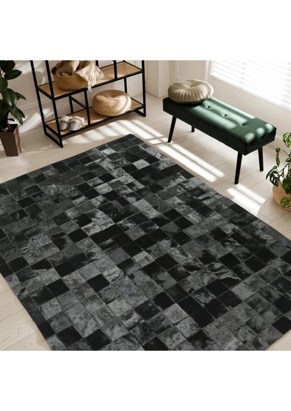 Siyah Doğal Dana Derisi Patchwork Halı – El Dokuma Hakiki Deri Kaymaz Salon Halısı fırsatları
