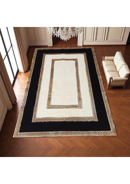 Altın Bordürlü Krem Peluş Halı - Yumuşak Şık Oturma Odası Halısı