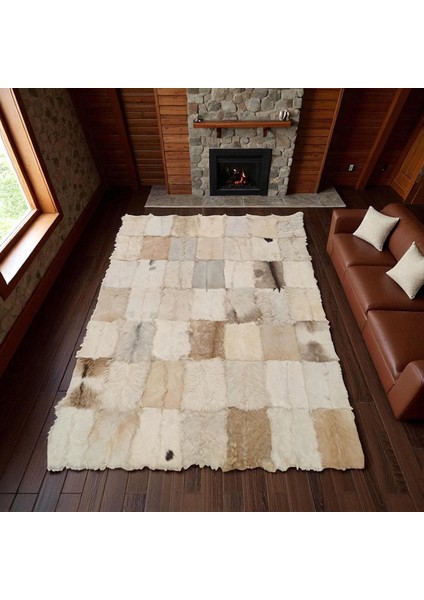 Bej ve Beyaz Doğal Oğlak Derisi Patchwork Halı, Modern Ev Dekorasyon Halısı