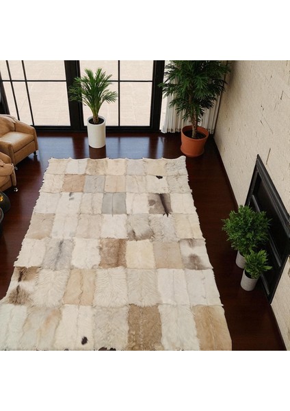 Bej ve Beyaz Doğal Oğlak Derisi Patchwork Halı, Modern Ev Dekorasyon Halısı modelleri
