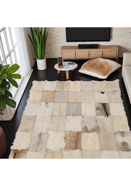 Bej ve Beyaz Doğal Oğlak Derisi Patchwork Halı, Modern Ev Dekorasyon Halısı fırsatları