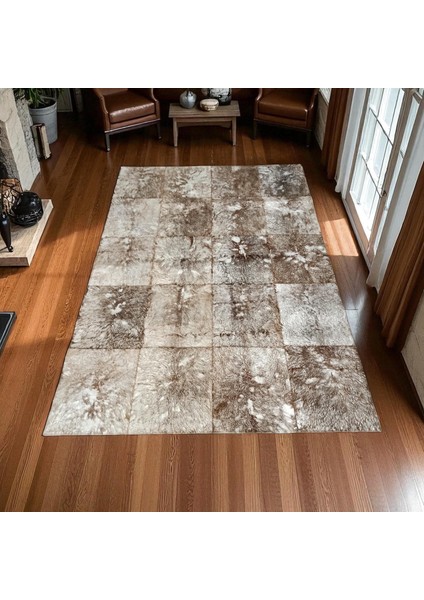 Kahverengi Beyaz Doğal Dana Derisi Patchwork Halı, Kaymaz Tabanlı Lüks Deri Halı