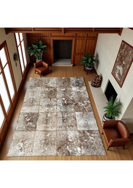 Kahverengi Beyaz Doğal Dana Derisi Patchwork Halı, Kaymaz Tabanlı Lüks Deri Halı fiyatları