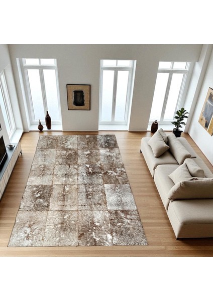 Kahverengi Beyaz Doğal Dana Derisi Patchwork Halı, Kaymaz Tabanlı Lüks Deri Halı modelleri