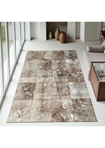 Kahverengi Beyaz Doğal Dana Derisi Patchwork Halı, Kaymaz Tabanlı Lüks Deri Halı fırsatları