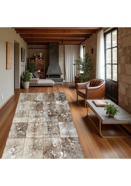 Kahverengi Beyaz Doğal Dana Derisi Patchwork Halı, Kaymaz Tabanlı Lüks Deri Halı indirimleri