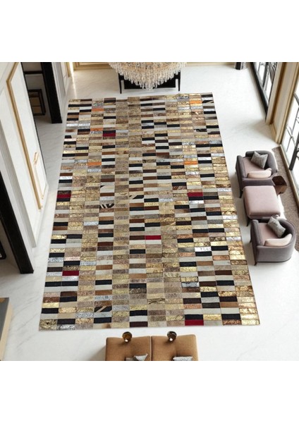 Altın Gümüş Dana Derisi Patchwork Halı – El Yapımı Işıltılı Lüks Salon Halısı modelleri