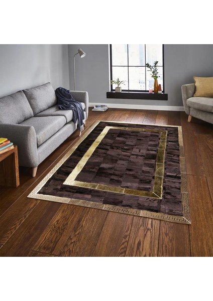 Altın Kenarlı Koyu Kahverengi Toskana Halı, Dekoratif Salon Halısı, Kaymaz Tabanlı Halı
