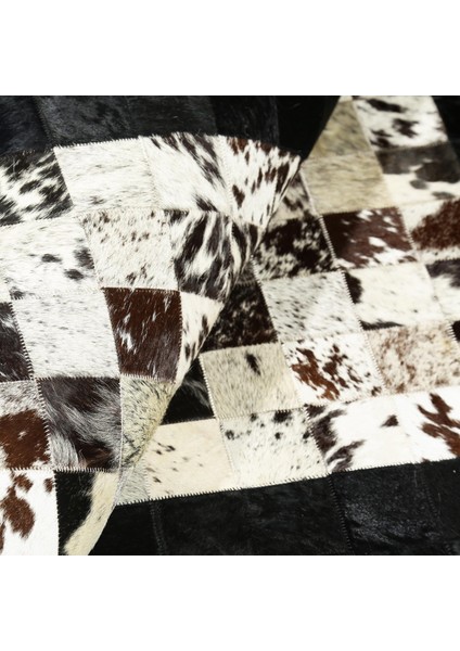 Beyaz Siyah Dana Derisi Patchwork Halı – El Yapımı Hakiki Deri Şık Ev Dekorasyonu Halısı modelleri
