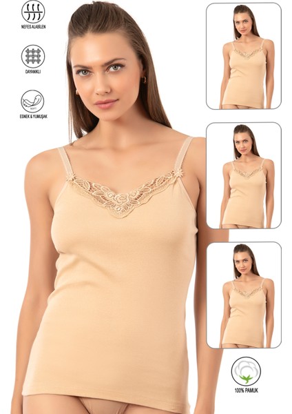 Özkan 0110 3'lü Paket Kadın Ribana %100 Pamuklu Güpürlü Esnek Rahat Ince Askılı Atlet