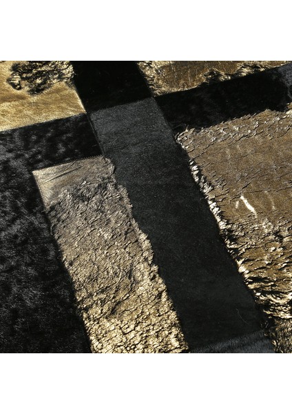 Siyah ve Altın Rengi Dana Derisi Patchwork Halı, Modern Tasarımlı Kaymaz Halı indirimleri