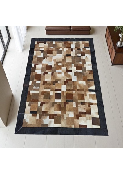 Siyah Şeritli Kahverengi Dana Derisi Patchwork Halı – El Yapımı Şık Salon Halısı modelleri