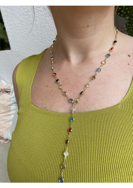 Çelik Renkli Taşlı Oval Y Model Ayarlanabilir Kolye