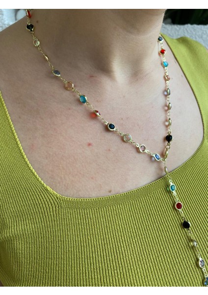 Çelik Renkli Taşlı Oval Y Model Ayarlanabilir Kolye