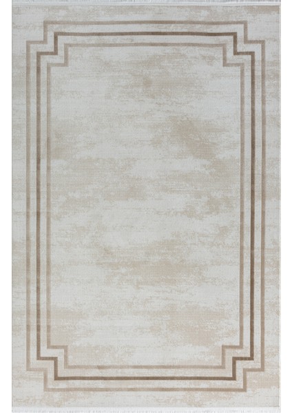 Merit MR004A Krem Halı Kahverengi Kenar Çerçeveli Ince Yumuşak Akrilik Tozuaz Modern Salon Halısı