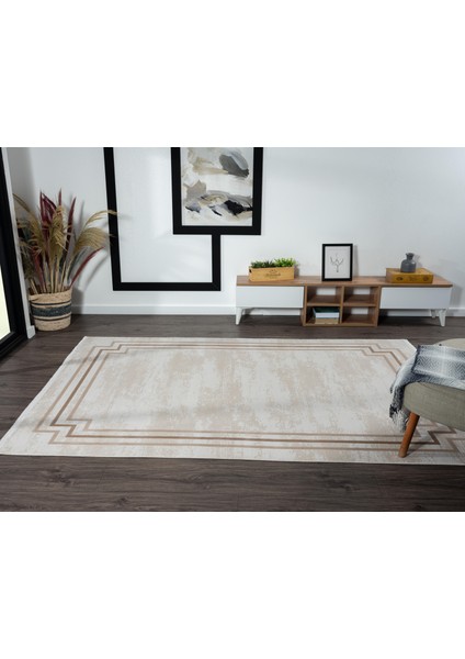 Merit MR004A Krem Halı Kahverengi Kenar Çerçeveli Ince Yumuşak Akrilik Tozuaz Modern Salon Halısı fiyatları