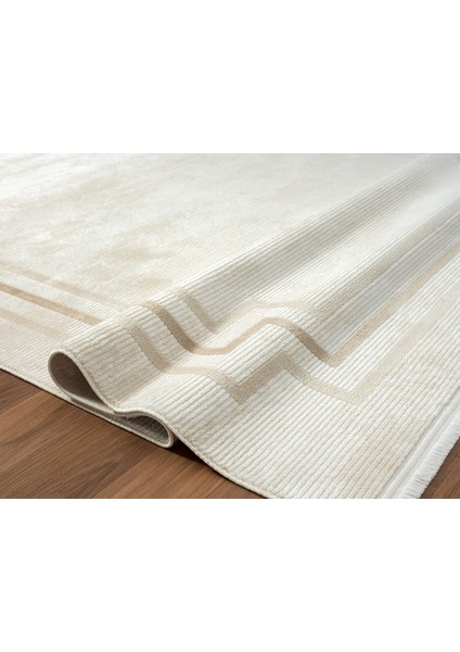 Merit MR004A Krem Halı Kahverengi Kenar Çerçeveli Ince Yumuşak Akrilik Tozuaz Modern Salon Halısı fırsatları